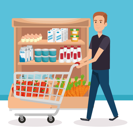 supermarket shelvings with man buying vector illustration designのイラスト素材