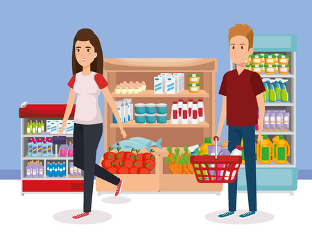 supermarket shelvings with people buying vector illustration designのイラスト素材