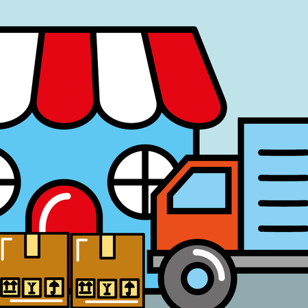 market cardboard boxes and truck logistic and delivery vector illustrationのイラスト素材