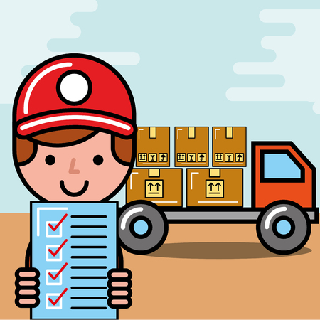 operator boy truck boxes and checklist logistic and delivery vector illustrationのイラスト素材