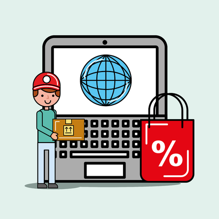 courier man laptop package world logistic and delivery vector illustrationのイラスト素材