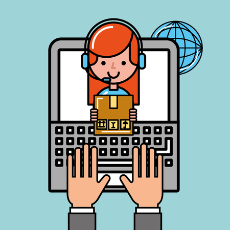 operator girl market truck laptop boxes logistic and delivery vector illustrationのイラスト素材