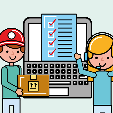 courier man and operator girl checklist package logistic and delivery vector illustrationのイラスト素材