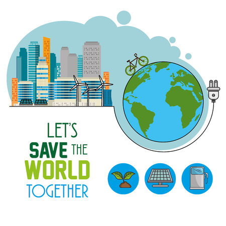 ecology green city with earth planet vector illustration designのイラスト素材
