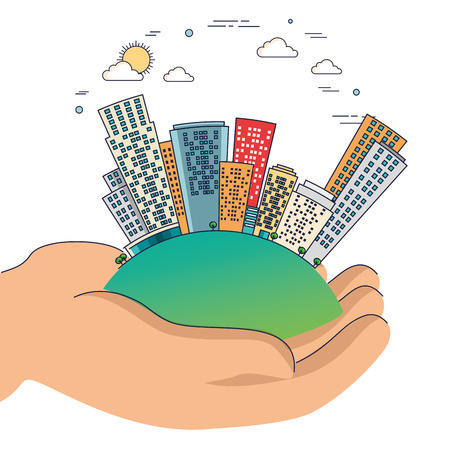 ecology green city scene with hands protection vector illustration designのイラスト素材