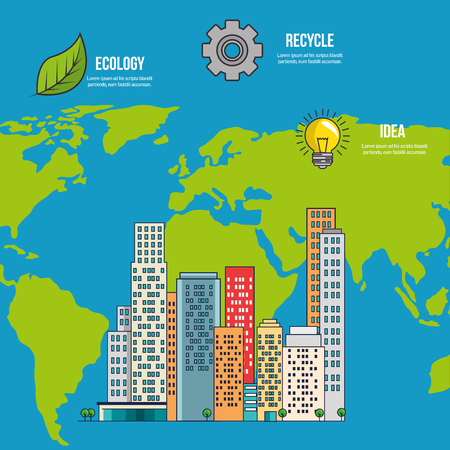 ecology green city with earth planet vector illustration designのイラスト素材