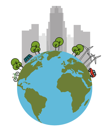 ecology green city with earth planet vector illustration designのイラスト素材