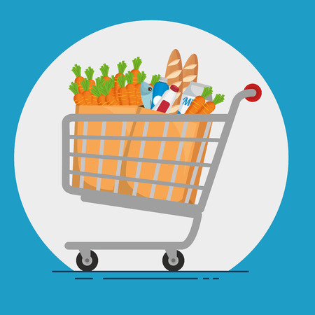 supermarket products in shopping cart vector illustration designのイラスト素材