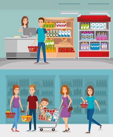 supermarket shelvings with people buying vector illustration designのイラスト素材