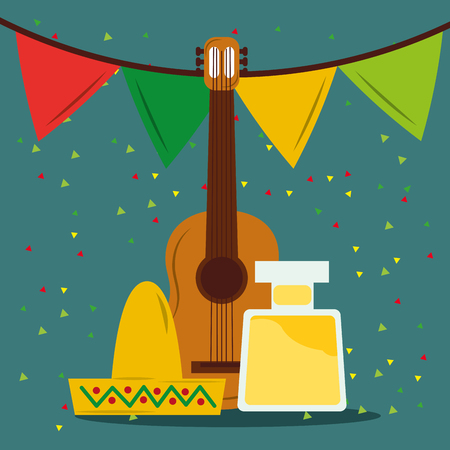 viva mexico celebration guitar tequila and hat pennant ornament vector illustrationのイラスト素材