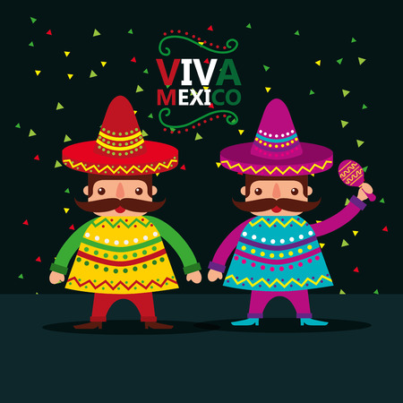mexican men with hat and poncho viva mexico party national vector illustrationのイラスト素材