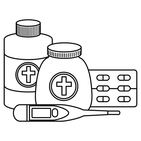 pills drugs with bottles and thermometer vector illustration designのイラスト素材
