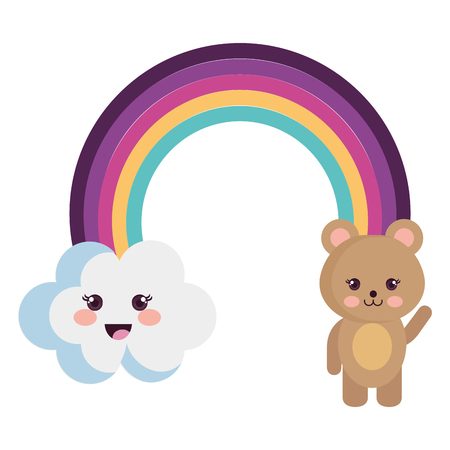 cute rainbow with cloud and teddy characters vector illustration designのイラスト素材
