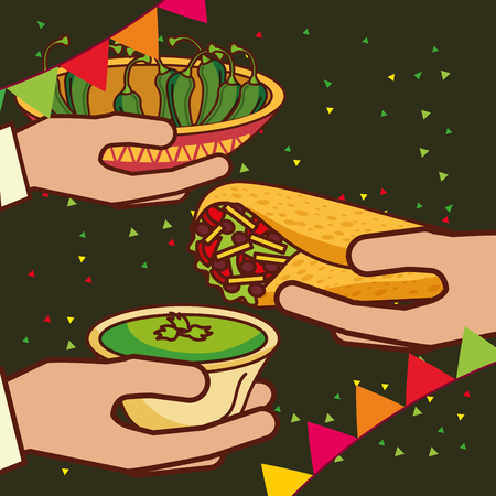 hands with burrito guacamole and chili peppers mexican food vector illustrationのイラスト素材