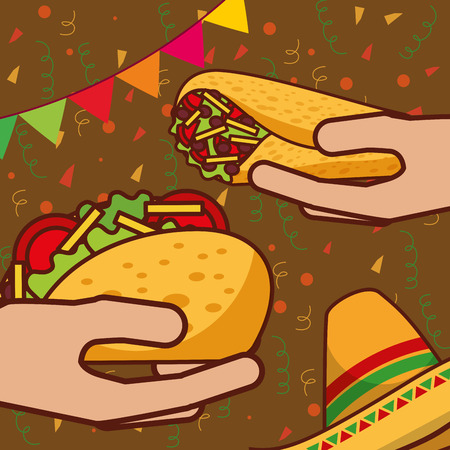 hands with taco burrito hat mexican food vector illustrationのイラスト素材