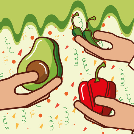 hands with avocado bell pepper chili mexican food vector illustrationのイラスト素材
