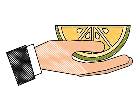 hand holding slice citrus lemon vector illustration drawingのイラスト素材
