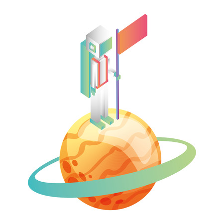 space man in the saturn with flag isometric avatar vector illustration designのイラスト素材