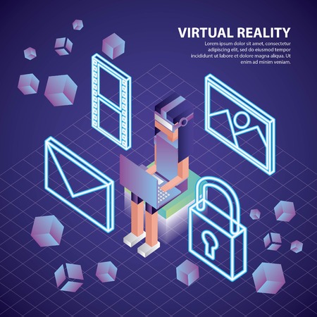 virtual reality isometric geometric floor girl sitting neon padlock message photos vector illustrationのイラスト素材