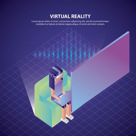 virtual reality isometric girl using laptop sitting looking screen 3d vector illustrationのイラスト素材