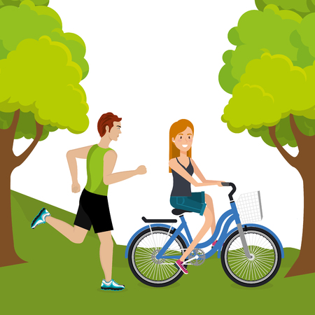 couple with bicycle in the landscape vector illustration designのイラスト素材
