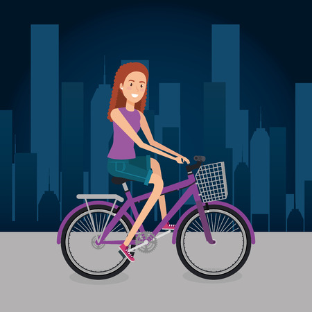 woman with bicycle in the landscape vector illustration designのイラスト素材