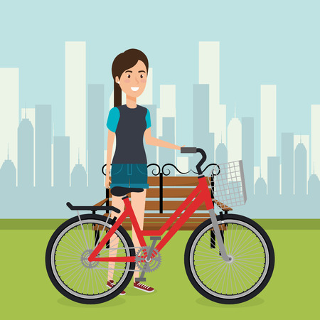 woman with bicycle in the landscape vector illustration designのイラスト素材