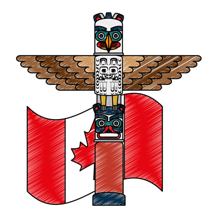 canadian wooden totem with flag vector illustration designのイラスト素材