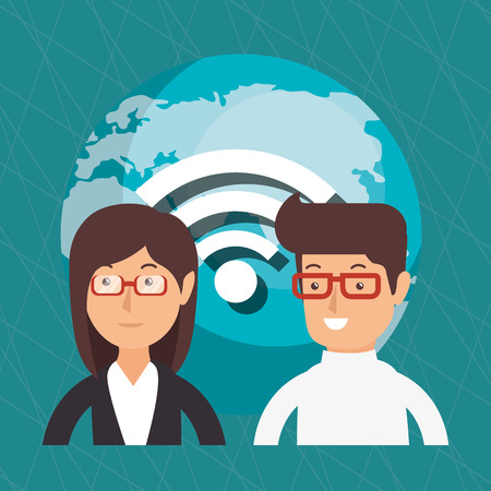 business couple with wifi connection vector illustration designのイラスト素材