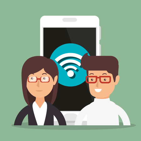 business couple with wifi connection vector illustration designのイラスト素材