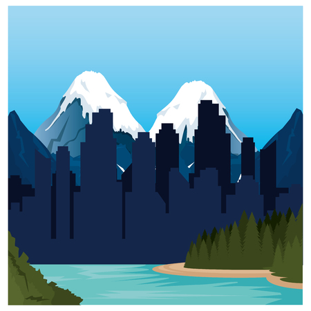 mountains with snow and river scene vector illustration designのイラスト素材