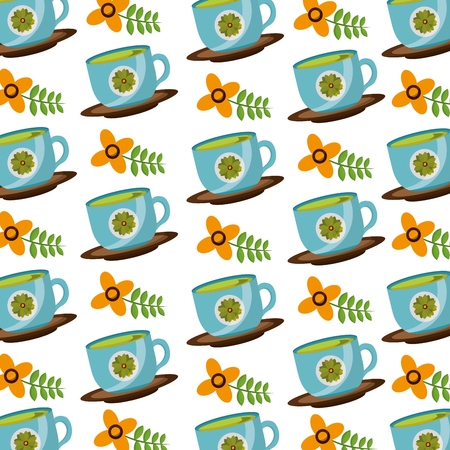 coffee cup on dish with flowers decoration background vector illustrationのイラスト素材