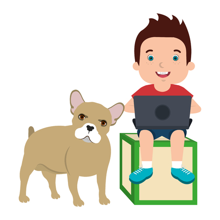 boy with laptop and cute dog vector illustration designのイラスト素材