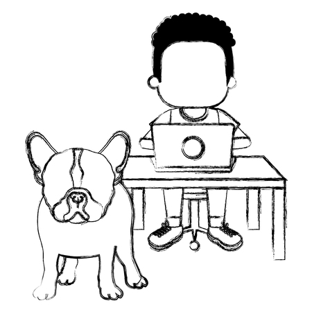 boy with laptop and cute dog vector illustration designのイラスト素材