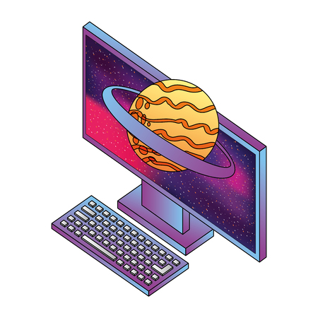 desktop computer with planet saturn isometric icon vector illustration designのイラスト素材