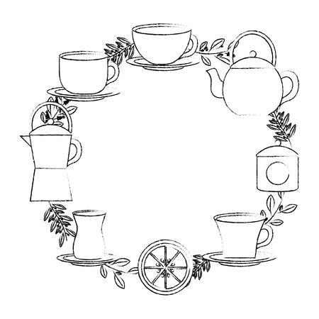 wreath herbal leaves tea cup coffee maker kettle lemon decoration vector illustration sketchのイラスト素材