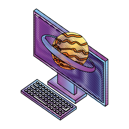 computer device and planet solar system vector illustration isometricのイラスト素材