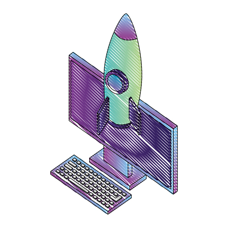 computer keyboard and rocket flying vector illustration isometricのイラスト素材