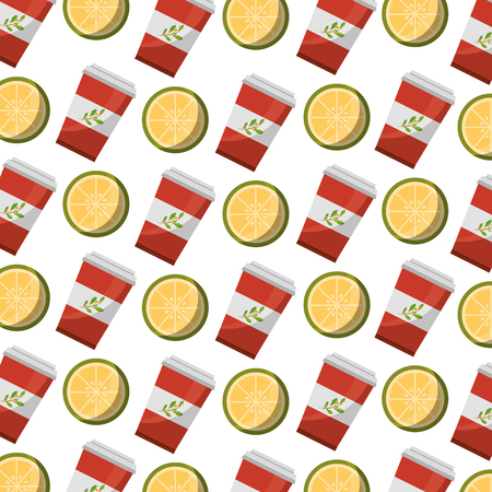 takeaway paper cup tea and slices of lemon pattern vector illustrationのイラスト素材