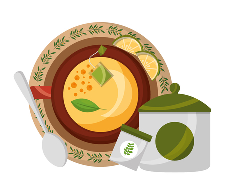 top view tea cup slice lemon sugar spoon vector illustrationのイラスト素材