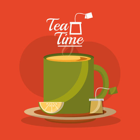 tea cup slice lemon and teabag on dish - tea time vector illustrationのイラスト素材