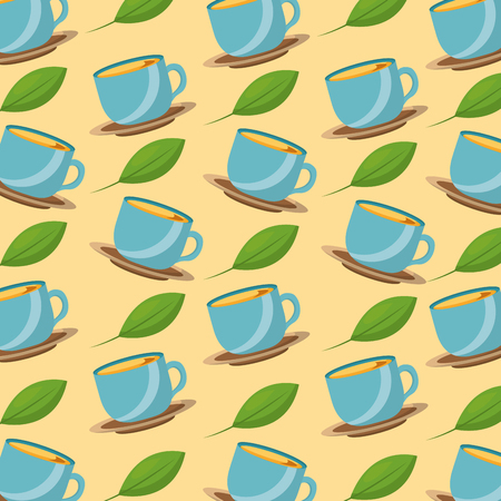 tea time teacups and leaves herbal fresh pattern design vector illustrationのイラスト素材