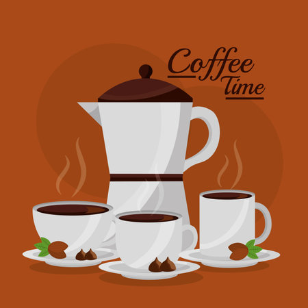 coffee maker and three cup fresh seeds - coffee time vector illustrationのイラスト素材