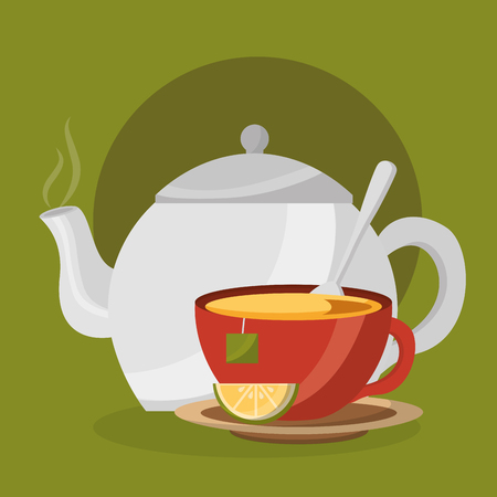 teapot tea cup slice lemon and teabag on dish spoon - tea time vector illustrationのイラスト素材