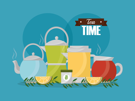 tea time - teapots and slices lemon herbal branches vector illustrationのイラスト素材