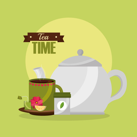 teapot and cup with lemon spoon and teabag vector illustrationのイラスト素材