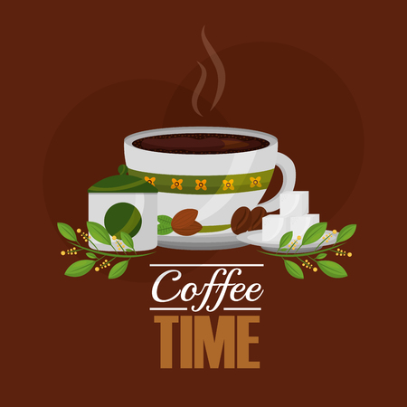 coffee cup and sugar cubes seeds grains and leaves vector illustrationのイラスト素材