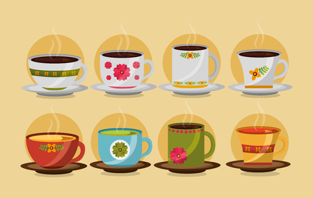 decorative flower cups coffee and tea collection vector illustrationのイラスト素材