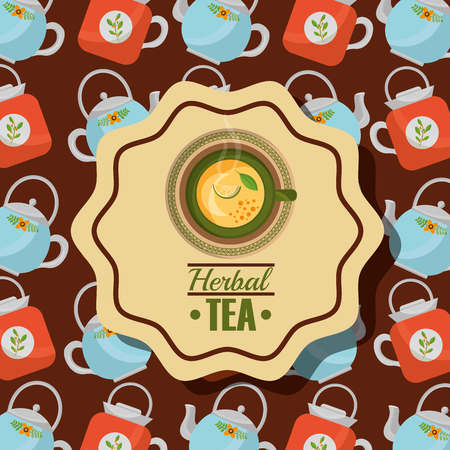 top view herbal tea teacup lemon and teapot background vector illustrationのイラスト素材