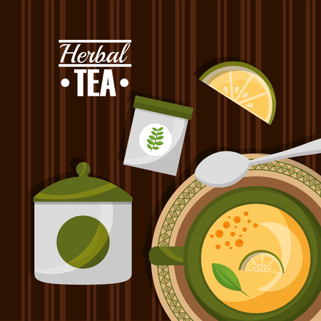 top tea cup lemon leave spoon sugar on wooden table vector illustrationのイラスト素材